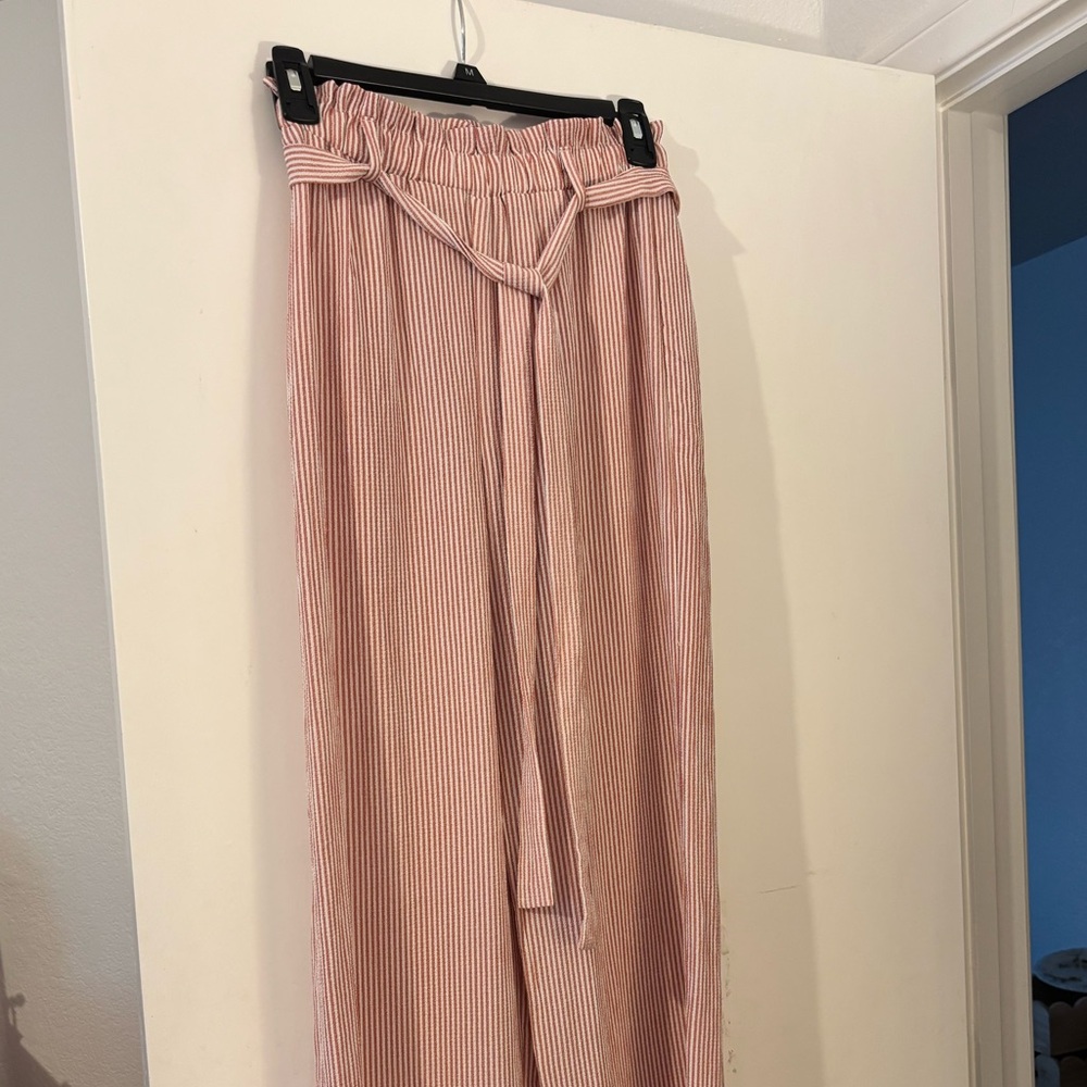 Monteau Pink Paperbag Waist Wide-Leg Pants with Tie
